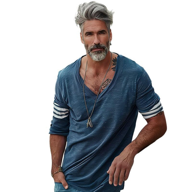 Men's V-Neck Striped Patchwork T-Shirt | Loose Fit Long Sleeve Cotton Shirt | Casual Modern Style | Breathable Premium Fabric | Comfortable All-Day Wear | Trendy Design for Everyday Outfit