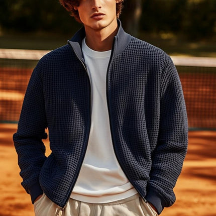 Men's Classic Waffle Knit Stand Collar Zipper Cardigan | Solid Color | Full-Length Sleeves | Regular Fit | Warm Outerwear Layer | Comfortable Breathable Fabric | Stylish Modern Design | Easy to Style | Versatile Everyday Wear