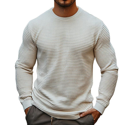 Men's Retro Casual Waffle Texture Long Sleeve Round Neck T-Shirt | Comfortable Cotton Blend | Solid Color | Versatile Wardrobe Essential | Sizes S-3XL | Stylish Layering Option