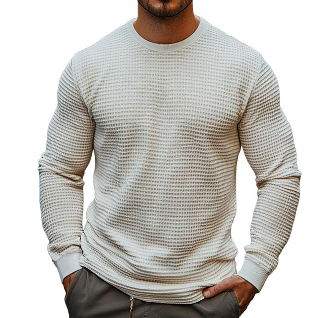 Men's Retro Casual Waffle Texture Long Sleeve Round Neck T-Shirt | Comfortable Cotton Blend | Solid Color | Versatile Wardrobe Essential | Sizes S-3XL | Stylish Layering Option