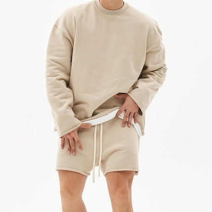 Men's Casual Loose Fit Sweatshirt & Shorts Set | Solid Color | Cotton Pullover | Autumn Winter Spring | Mid Waist | Short Pants | Long Sleeve