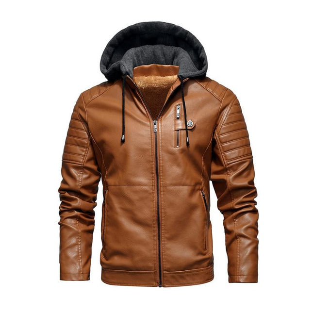Men's Hooded Leather Jacket | Vintage Look | Fleece Lined | Slim Fit | Warm Casual Outerwear | Zip-Up Closure | Durable Leather | Wind-Resistant | Multiple Pockets | Versatile Style