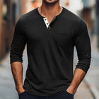 Men's Long Sleeve T-Shirt | Solid Color | Round Neck with Button Detail | Soft Cotton Blend | Regular Fit | Versatile Layering Essential for Casual Wear | Perfect for Fall and Spring | Machine Washable