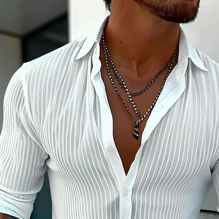 Men's Long Sleeve Striped Lapel Shirt | Solid Color | Button-Up Closure | Versatile Fit | High-Quality Fabric | Casual to Semi-Formal Wear | Multiple Sizes