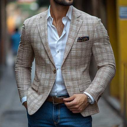 Men's Retro Checked Blazer | Notch Lapel | One Button | Casual Outerwear | Stylish Checked Pattern | Long Sleeve | Premium Fabric | Sophisticated Semi-Formal Style | Regular Fit | Versatile Men's Fashion