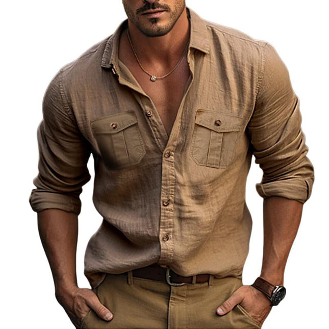 Men's Cotton Linen Long Sleeve Shirt | Double Chest Pockets | Solid Color | Classic Collar & Timeless Design | Lightweight & Breathable Fabric | Casual & Formal Wear | Versatile Year-Round Shirt