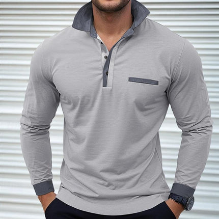 Men's Long Sleeve Colorblock Polo Shirt | Lapel Collar | Soft Cotton Blend | Modern Casual & Smart-Casual Wear | Versatile Hip-Length Design | Comfortable Regular Fit | Classic Button Placket | Durable Finish