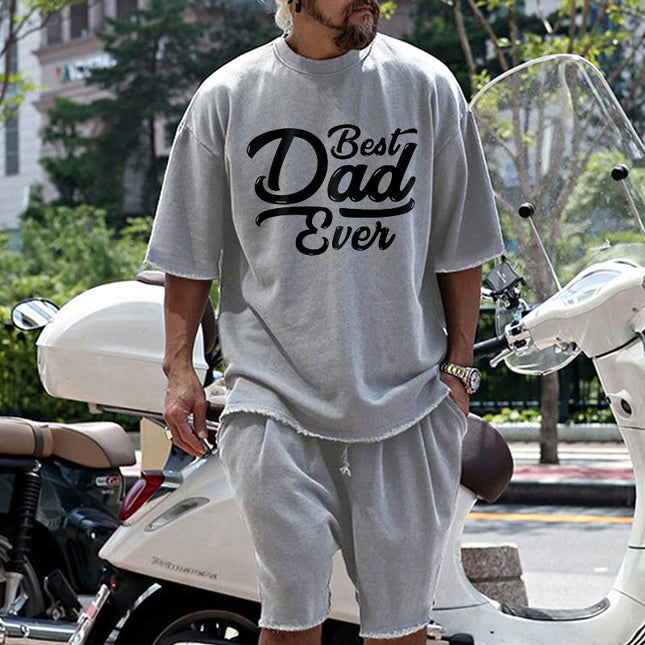 Loose Fit Men's Fashion T-Shirt & Shorts Set | Father's Day Print | Cotton Blend | Short Sleeve | Round Neck | Mid Waist | Spring Summer Autumn Casual Style