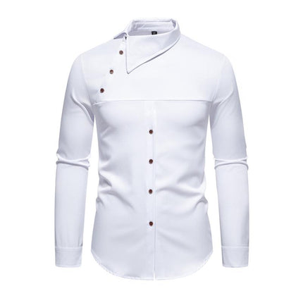 Men's Slim Fit Long Sleeve Shirt | Asymmetric Hem | Slanted Placket | Lapel Collar | Casual & Stylish | Premium Cotton Blend | Adjustable Cuffs | Versatile Dress Shirt for Men