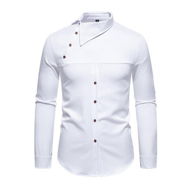 Men's Slim Fit Long Sleeve Shirt | Asymmetric Hem | Slanted Placket | Lapel Collar | Casual & Stylish | Premium Cotton Blend | Adjustable Cuffs | Versatile Dress Shirt for Men