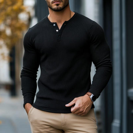 Men's Slim Fit Henley Collar Long Sleeve T-Shirt | Rib Stripe Design | Casual Wear | Soft Breathable Fabric | Versatile Style | Comfortable Modern Aesthetic | Fashionable Ribbed Crew Neck Top