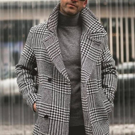 Men's Houndstooth Coat | Retro Double-Breasted Knee-Length Outerwear | Classic Casual Style | Vintage Sophistication | Tailored Fit | Lapel Collar | Functional Pockets | Versatile for Casual or Formal Use