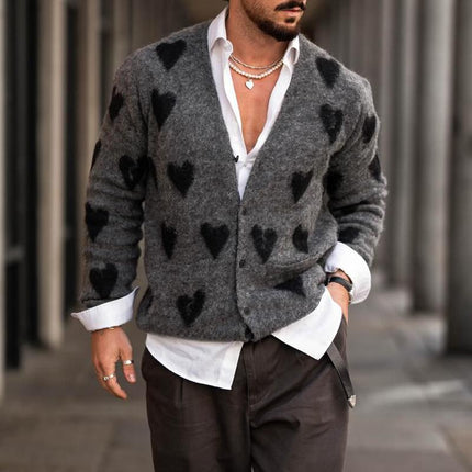 Men's V Neck Knit Cardigan | Heart Graphic Pattern | Single Breasted | Long Sleeve | Soft Cotton Acrylic Blend | Casual Layering | Cozy Outerwear