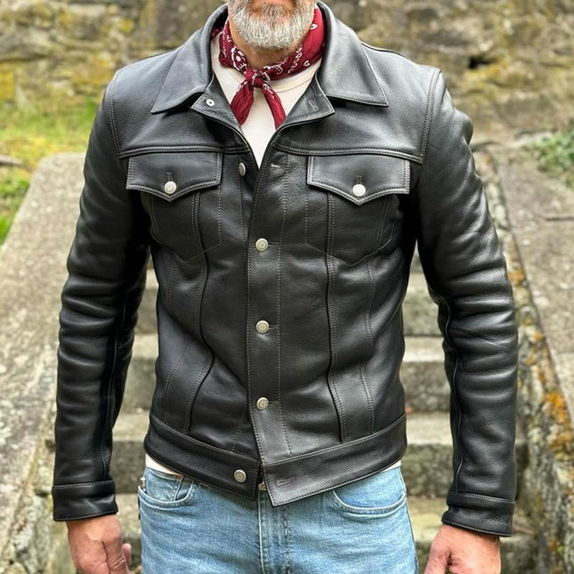 Men's Vintage Leather Jacket | Classic Lapel Collar | Single Breasted | Chest Pocket | Casual Outerwear | Durable Long Sleeve | Soft High-Quality Leather | Stylish for Cooler Weather | Versatile Fit