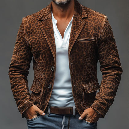 Men's Blazer | Vintage Leopard Print Suede | Notch Lapel | Multi-Pocket | Single Breasted | Long Sleeves | Slim Fit | Fashion Outerwear