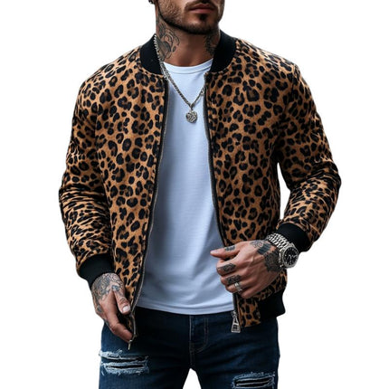 Men's Leopard Print Bomber Jacket | Casual Lightweight Outerwear | Ribbed Collar & Cuffs | Full Zip Closure | Waist-Length Regular Fit | Polyester Blend | Ideal for Fall & Spring | Fashionable Statement Piece