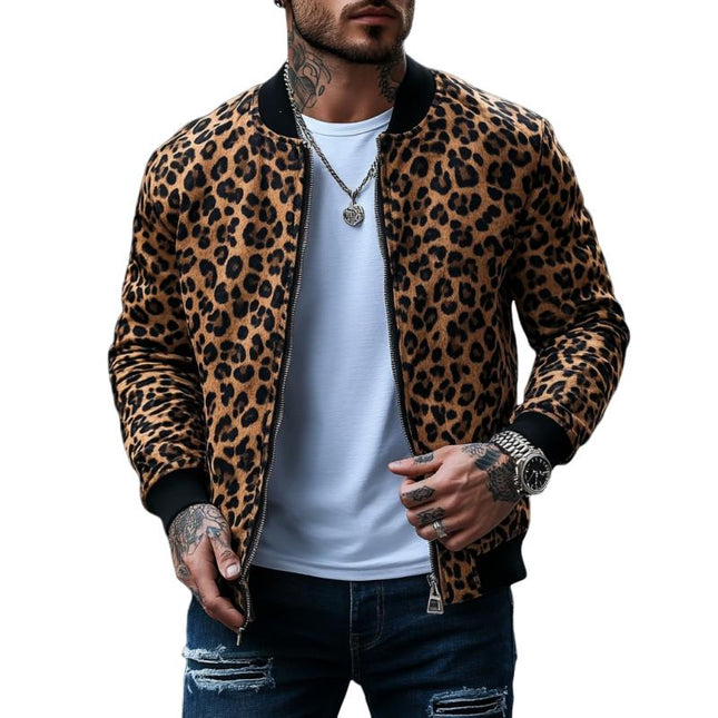 Men's Leopard Print Bomber Jacket | Casual Lightweight Outerwear | Ribbed Collar & Cuffs | Full Zip Closure | Waist-Length Regular Fit | Polyester Blend | Ideal for Fall & Spring | Fashionable Statement Piece