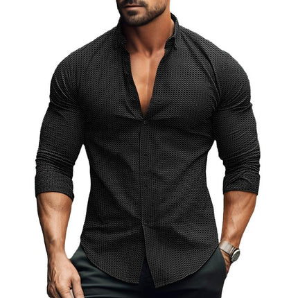 Men's Waffle Texture Shirt | Solid Color | Lapel Collar | Long Sleeve | Button Up | Casual & Semi-Formal | Premium Fabric | Classic Design | Versatile Fit | Multiple Sizes | Layering Essential