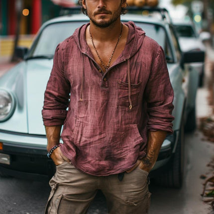 Men's Hooded Sweatshirt | Vintage Style | Cotton Linen Blend | Chest Pocket | Relaxed Fit | Long Sleeve | Solid Color | Casual Outerwear | Breathable & Durable | Adjustable Drawstring Hood