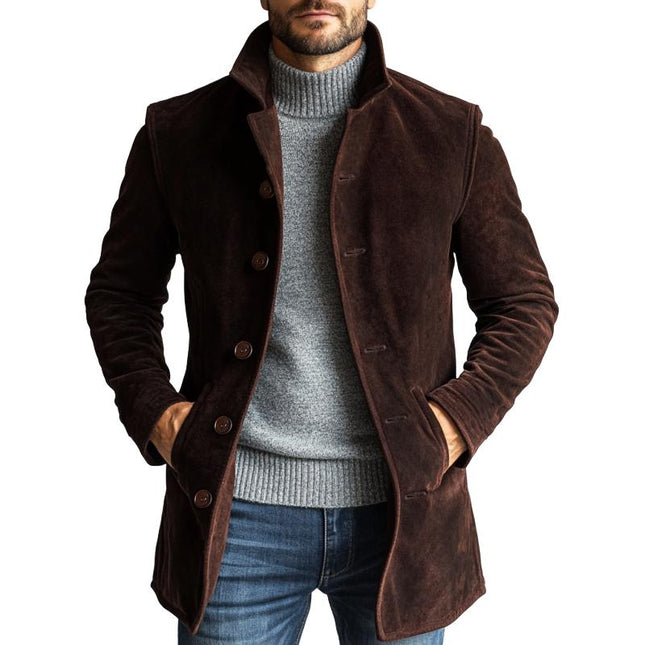 Men's Suede Coat | Single Breasted Mid-Length | Solid Color | Notched Lapel Collar | Streamlined Fit | Long Sleeves | Versatile Outerwear | Perfect for Fall & Winter | Casual & Semi-Formal Occasions