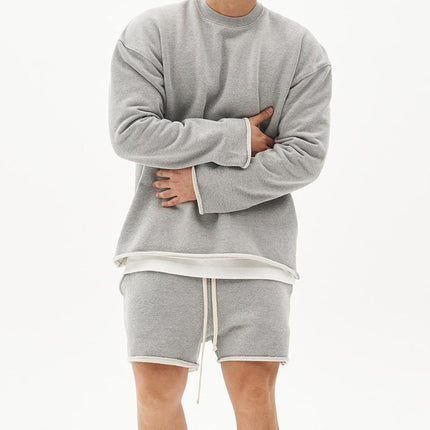Men's Casual Loose Fit Sweatshirt & Shorts Set | Solid Color | Cotton Pullover | Autumn Winter Spring | Mid Waist | Short Pants | Long Sleeve