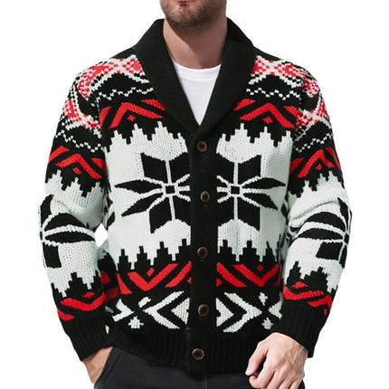 Men's Holiday Cardigan | Vintage Christmas Jacquard Pattern | Lapel Design | Soft Knit Fabric | Single-Breasted | Warm & Comfortable | Ideal for Winter Gatherings | Versatile Layering Piece