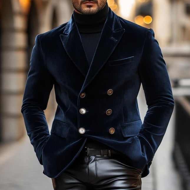 Men's Slim Fit Velvet Blazer | Double-Breasted Design | Peaked Lapel | Vintage Elegance | Formal Wear | Luxurious Velvet | Modern Tailoring | Refined Craftsmanship | Elegant Button Detail | Fully Lined Interior | Stylish & Comfortable