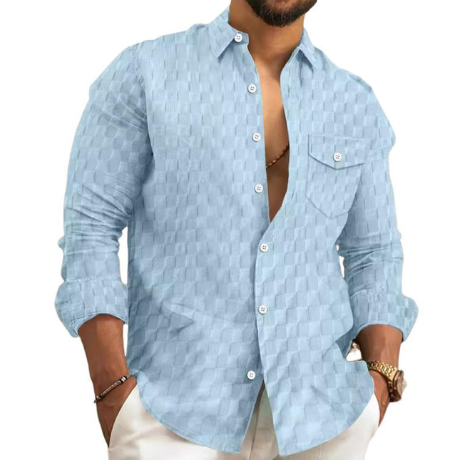 Men's Casual Dress Shirt | Solid Plaid Pattern | Long Sleeve | Lapel Collar | Chest Pocket | Cotton Linen Blend | Versatile Regular Fit | Buttoned Cuffs | Suitable for Spring and Autumn | Classic Style