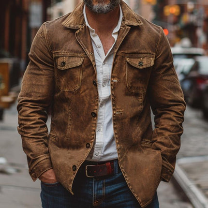Men's Vintage Leather Jacket | Heavy Washed Leather | Lapel Collar | Single Breasted | Multi-Pocket Design | Durable Outerwear | Classic Style | Casual Workwear