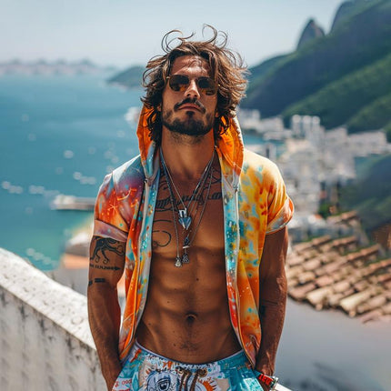 Men's Tie-dye Print Zip Hoodie | Hooded Short Sleeve | Colorful Casual Outerwear | Comfortable Cotton Blend | Adjustable Drawstring | Lightweight Relaxed Fit | Unique Stylish Design | Side Pockets