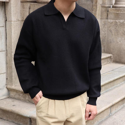 Men's Polo Shirt | Solid Color | Lapel Collar | Long Sleeve Knit | Versatile Casual to Semi-Formal | Soft Durable Fabric | Stylish Minimalistic Design | Comfortable Fit | Ideal for Layering | Sizes Available
