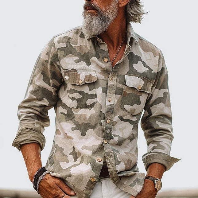 Men's Camouflage Cargo Shirt | Lapel Collar | Breast Pocket | Multi-Pocket Design | Lightweight Polyester Blend | Military-Inspired Look | Casual Wear | Outdoor Activities | Streetwear Fashion