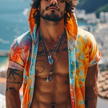 Men's Tie-dye Print Zip Hoodie | Hooded Short Sleeve | Colorful Casual Outerwear | Comfortable Cotton Blend | Adjustable Drawstring | Lightweight Relaxed Fit | Unique Stylish Design | Side Pockets