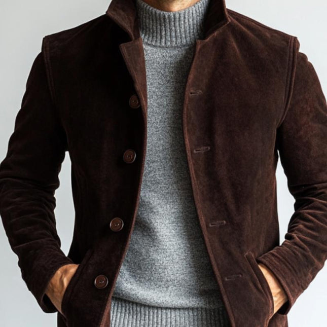Men's Suede Coat | Single Breasted Mid-Length | Solid Color | Notched Lapel Collar | Streamlined Fit | Long Sleeves | Versatile Outerwear | Perfect for Fall & Winter | Casual & Semi-Formal Occasions