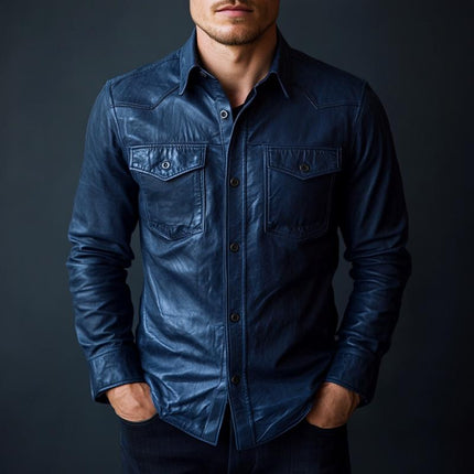 Men's Premium Leather Shirt | Dark Blue Classic Lapel | Long Sleeve Button Up | Luxury Tailored Fit | Versatile Casual to Semi-Formal Wear | Comfortable and Stylish Wardrobe Essential