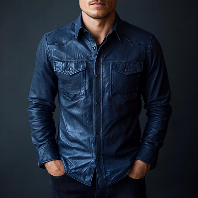Men's Premium Leather Shirt | Dark Blue Classic Lapel | Long Sleeve Button Up | Luxury Tailored Fit | Versatile Casual to Semi-Formal Wear | Comfortable and Stylish Wardrobe Essential