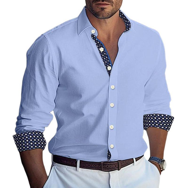 Men's Long Sleeve Dress Shirt | Printed Colorblock Design | Cotton Blend | Lapel Collar | Casual & Semi-Formal Wear