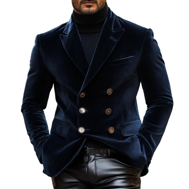 Men's Slim Fit Velvet Blazer | Double-Breasted Design | Peaked Lapel | Vintage Elegance | Formal Wear | Luxurious Velvet | Modern Tailoring | Refined Craftsmanship | Elegant Button Detail | Fully Lined Interior | Stylish & Comfortable