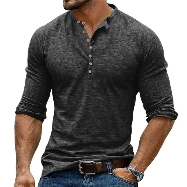 Men's Henley Collar T-Shirt | Long Sleeve | Multi-Button Detail | Soft Cotton Blend | Relaxed Fit | Solid Color | Versatile Casual Layering Essential | Ideal for Fall & Spring | Comfortable Everyday Wear