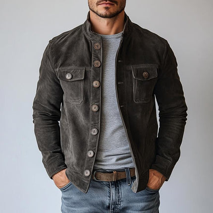 Men's Vintage Suede Jacket | Single Breasted | Stand Collar | Classic Fit | Long Sleeve | Premium Faux Suede | Lightweight | Solid Color | Casual to Smart Casual | Fall & Spring Outerwear