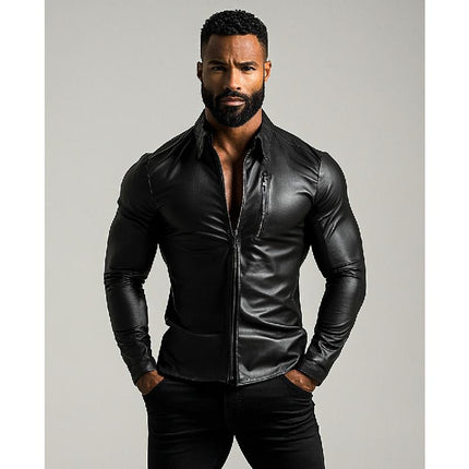 Men's Lapel Zipper Slim Fit Leather Dress Shirt | Long Sleeve Faux Leather | Casual or Semi-Formal Wear | Stylish Edgy Fashion | Solid Color | Modern Design | Versatile Wardrobe Essential | Men's Tops