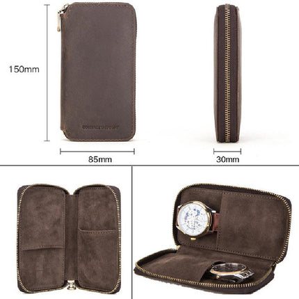 Men's Vintage Cowhide Leather Watch Organizer | Handmade Travel Storage Bag | Luxury Watch Case | Padded Compartments | Secure Closure | Antique Style | Compact Portable Design | Ideal Gift for Watch Collectors