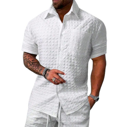 Men's Short Sleeve Checkered Shirt | Lightweight Cotton Blend | Lapel Collar | Chest Pocket | Front Button Closure | Relaxed Fit | Casual Versatile Styling | Easy Care | Classic Solid Colors
