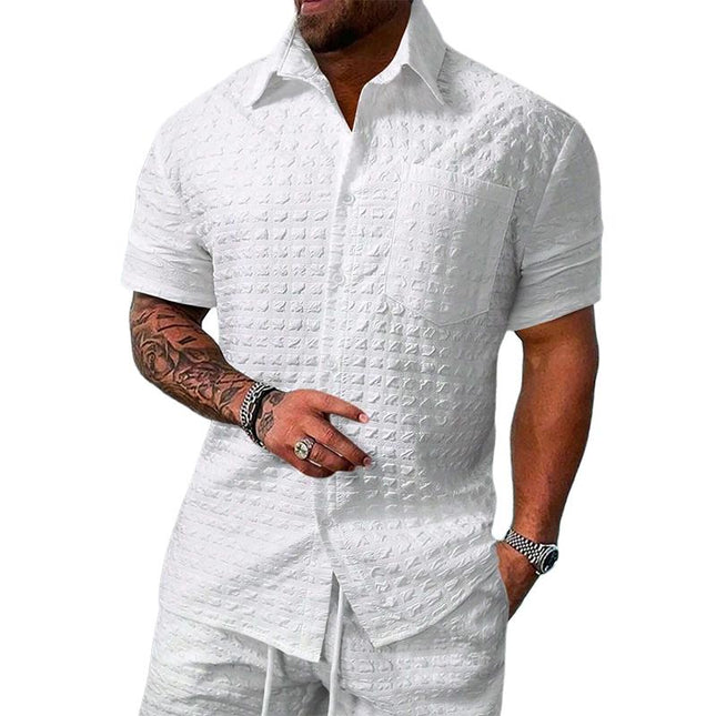 Men's Short Sleeve Checkered Shirt | Lightweight Cotton Blend | Lapel Collar | Chest Pocket | Front Button Closure | Relaxed Fit | Casual Versatile Styling | Easy Care | Classic Solid Colors