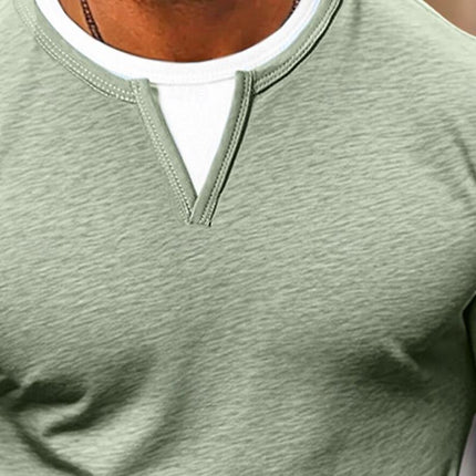 Men's Double Layer V-Neck T-Shirt | Casual Color Block Design | Long Sleeves | Fake Two-Piece Layered Look | Soft Lightweight Stretch Fabric | Regular Fit | Versatile Fashion Staple