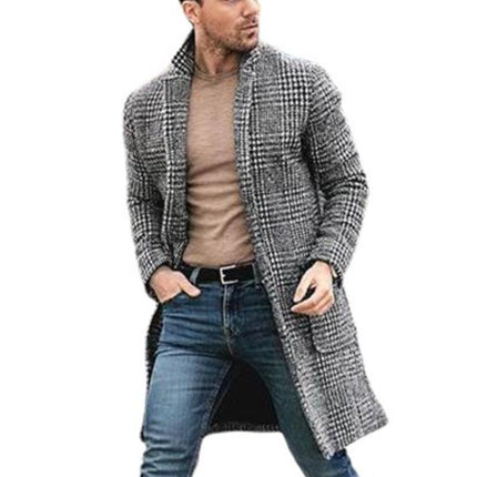 Men's Mid-length Woolen Coat | Plaid Pattern | Black White | Stand Collar | Long Sleeve | Tailored Fit | Polyester | Fall Winter Fashion