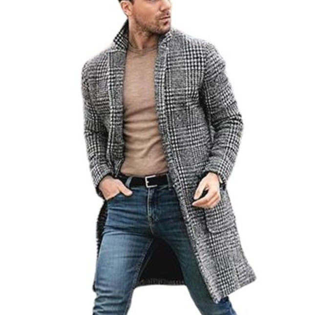 Men's Mid-length Woolen Coat | Plaid Pattern | Black White | Stand Collar | Long Sleeve | Tailored Fit | Polyester | Fall Winter Fashion