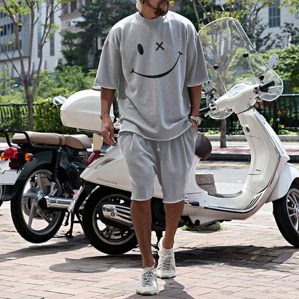 Men's Casual T-Shirt and Shorts Set | Loose Fit | Smiley Print | Cotton Blend | Round Neck | Short Sleeve | Short Pants | Mid Waist | Spring Summer Autumn Wear | Comfortable Street Style