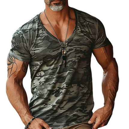 Men's Camouflage Print T-Shirt | V-Neck | Short Sleeve | Durable Fabric | Stylish & Comfortable | Perfect for Layering | Available in Multiple Sizes