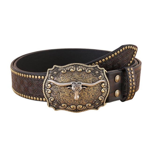 Men's Leather Belt | Vintage Western Cowboy Style | Carved Punk Design | High-Quality Leather | Intricate Patterns | Bold Punk Influence | Adjustable Fit | Classic Western Buckle | Durable Accessories